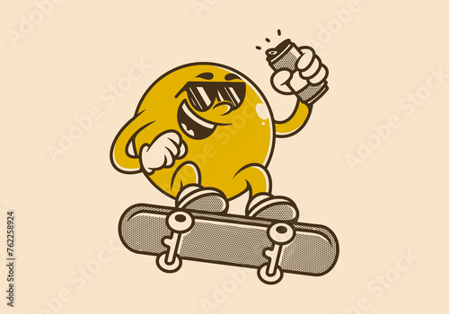 Vintage character of yellow ball head jumping on the skateboard. Holding a beer can