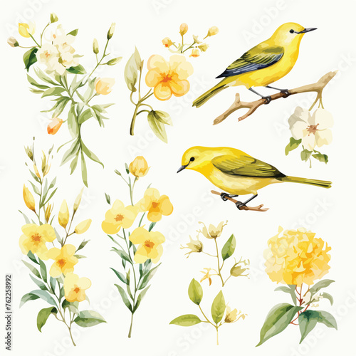 Yellow Birds Flowers Watercolor Clipart 