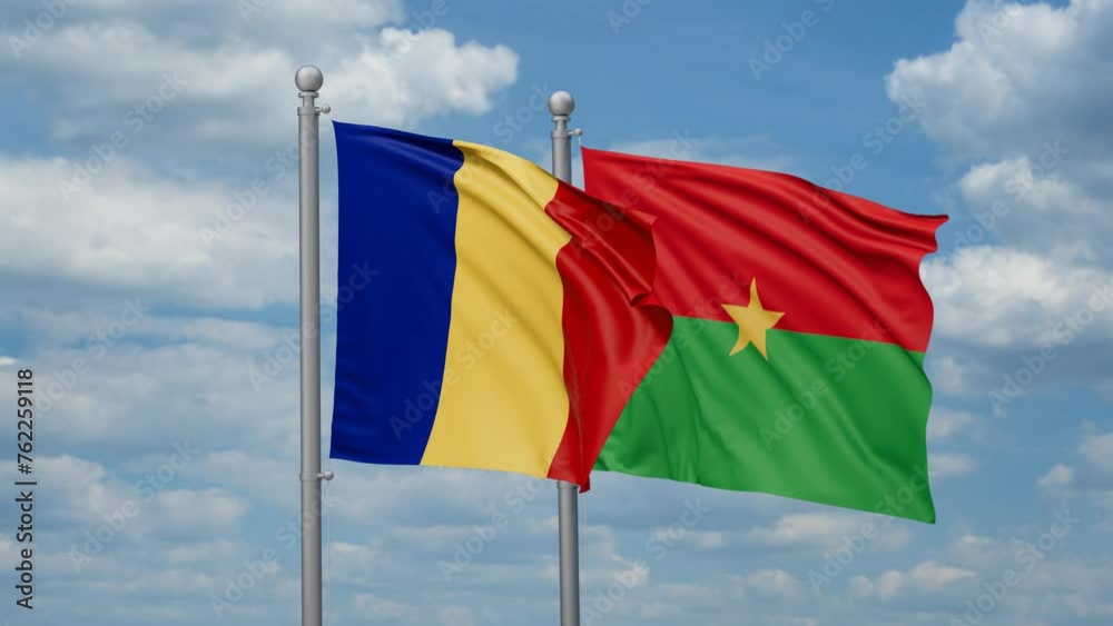 Burkina Faso and Romania two flags waving together, looped video, two country relations concept Burkina Faso and Romania two flags waving together, looped video, two country relations concept