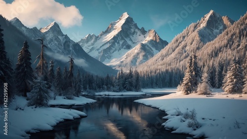 snow covered mountains in winter with beautiful lake