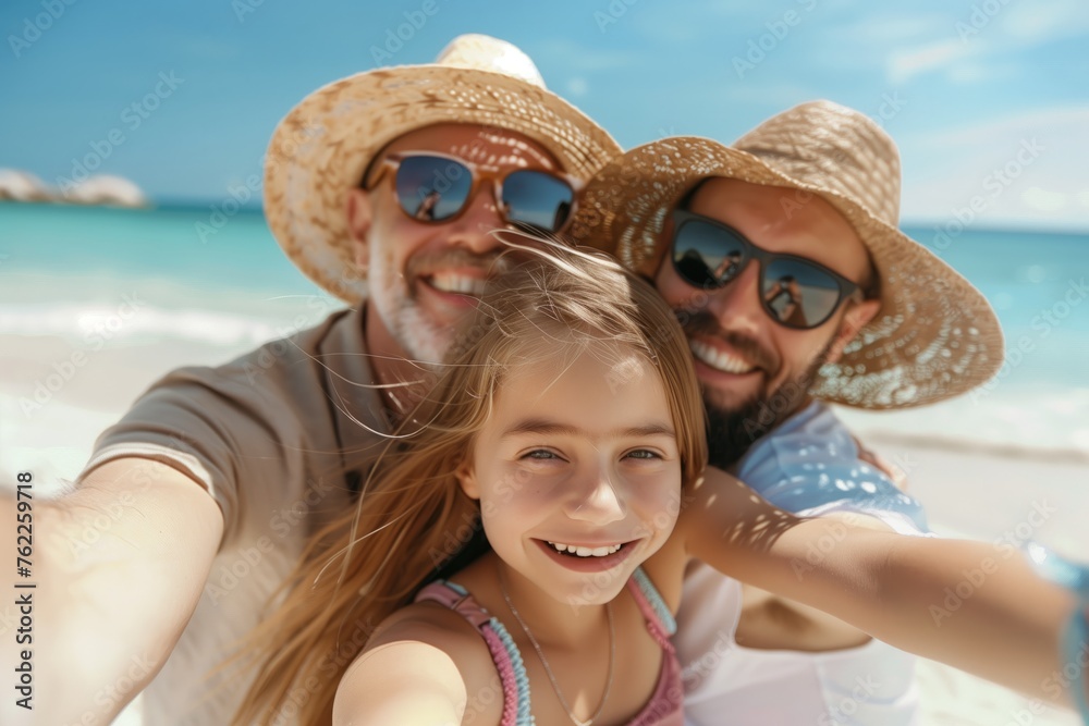 A happy family wearing sunglasses and hats is smiling for a selfie on the beach. The blue sky and water create a perfect backdrop for their vacation travel photo