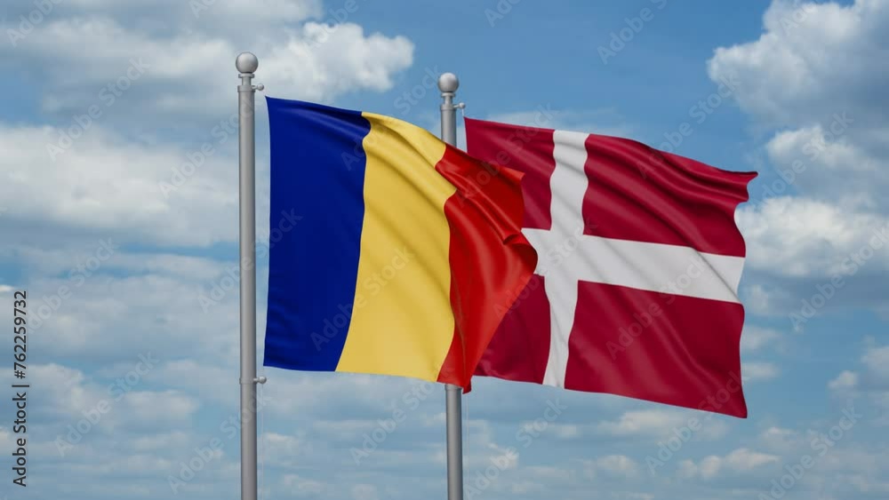 Denmark and Romania two flags waving together, looped video, two country relations concept Denmark and Romania two flags waving together, looped video, two country relations concept