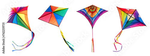 Colorful flying kites set isolated on transparent background, png. Photorealistic colorful kite cliparts collection