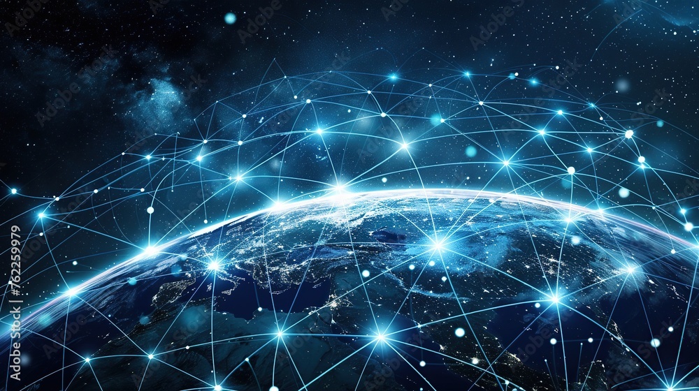 An artistic representation of the Earth's digital network, showcasing the global reach of technology and communication with a captivating space backdrop An artistic representation of the Earth's digital network, showcasing the global reach of technology and communication with a captivating space backdrop