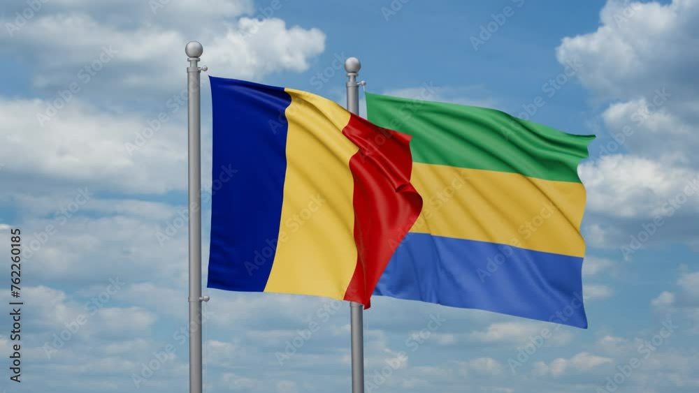 Gabon and Romania two flags waving together, looped video, two country relations concept Gabon and Romania two flags waving together, looped video, two country relations concept