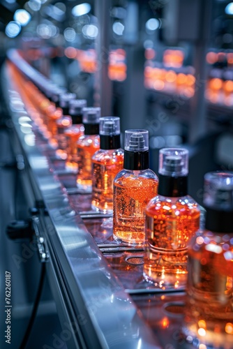 Lotion production process on production line  automated industry  selective focus