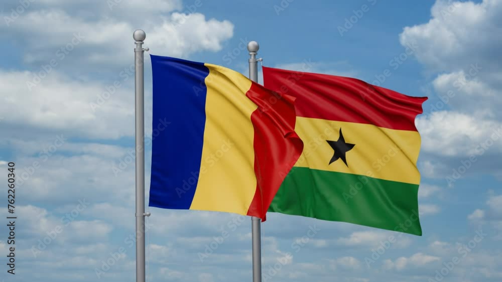 Ghana and Romania two flags waving together, looped video, two country relations concept Ghana and Romania two flags waving together, looped video, two country relations concept
