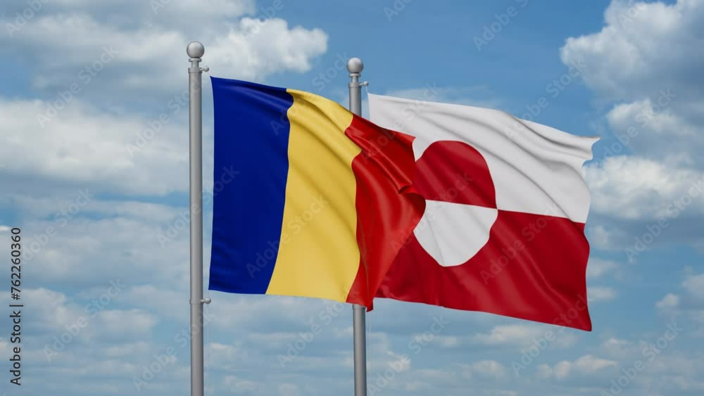 Greenland and Romania two flags waving together, looped video, two country relations concept Greenland and Romania two flags waving together, looped video, two country relations concept