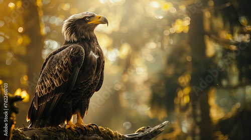 american bald eagle perches on a tree branch in colorful forest with sun rays through branches of trees with copy space.