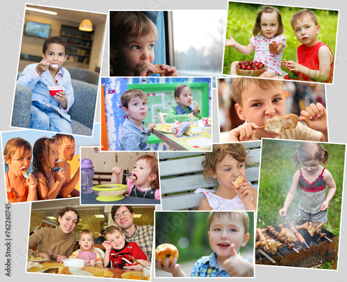 Collage of eighteen eating people  twelve models   children with ice cream  fast food  fruits  shashlik