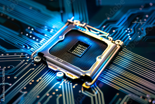 Circuit board technology background. Computer processors aligned with abstract lighting effects postproduction. photo