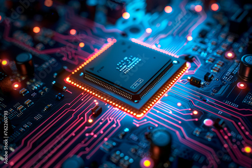 Circuit board technology background. Computer processors aligned with abstract lighting effects postproduction. photo