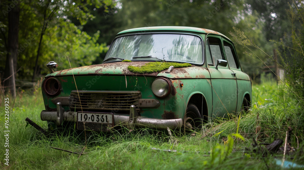 Oldtimer nostalgie altes verrostetes grünes Auto Trabant Lada in der Natur Generative AI