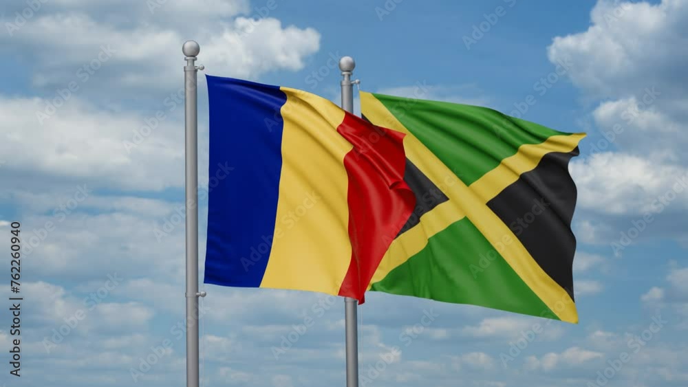 Jamaica and Romania two flags waving together, looped video, two country cooperation concept Jamaica and Romania two flags waving together, looped video, two country cooperation concept