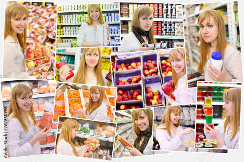 Collage with twelve happy girl (one model) wearing white shirt chooses goods in supermarket photo