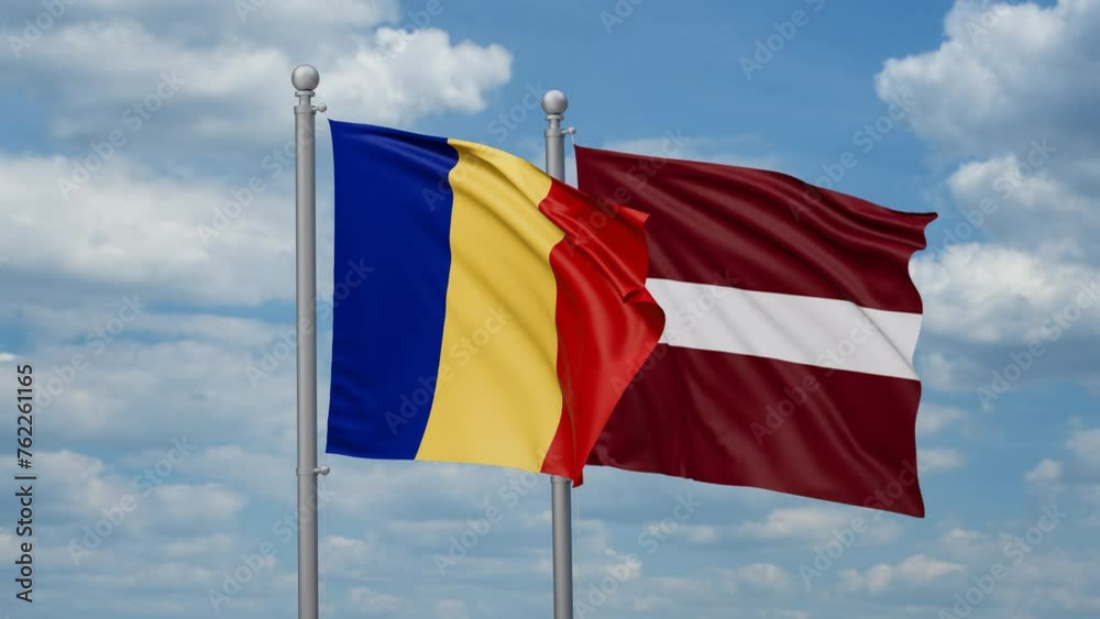 Latvia and Romania two flags waving together, looped video, two country cooperation concept Latvia and Romania two flags waving together, looped video, two country cooperation concept