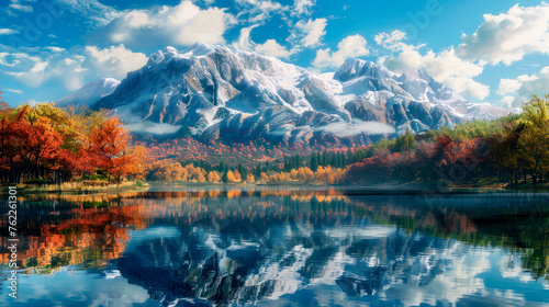 Beautiful scenery with snowy mountain, autumn trees and blue lake. © graja