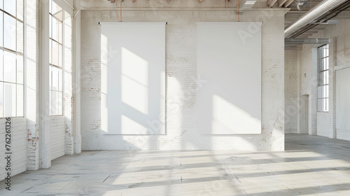 Two blank frame hanging from the ceiling of a bright empty loft. Copy space.