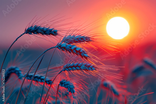 Spikelet of grass against the background of a sunset or sunrise. Bearded wheat silhouetted against sunset. © Tjeerd