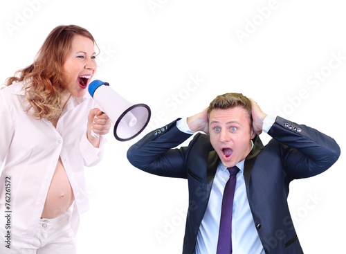 Collage with pregnant woman in white shouts into megaphone and man in jacket holds his hands behind his head, isolated on white background photo
