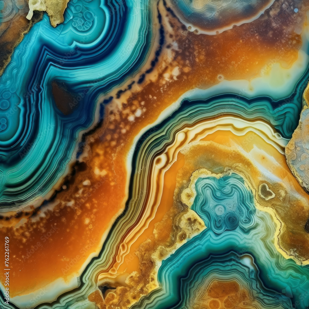 Vivid blue and brown agate patterns close-up