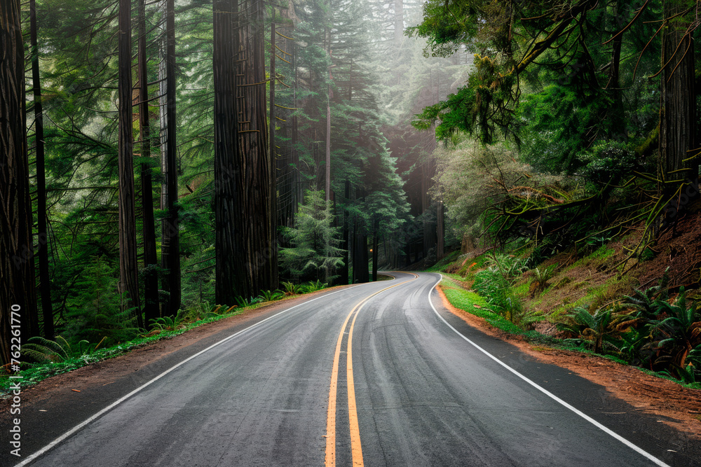 Asphalt road with with double white line and green tree alley. Asphalt road with with double white line and green tree alley.