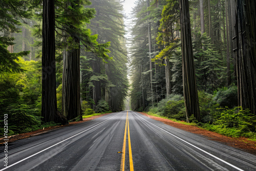 Asphalt road with with double white line and green tree alley.