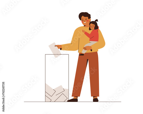 Man is putting paper ballot in box. Father came with daughter to poll place and making choice. Voting and Election concept. Pre-election campaign. Vector illustration