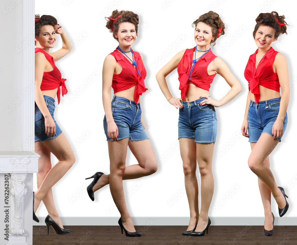 Fototapeta premium Collage with four woman (one model) stands in different poses