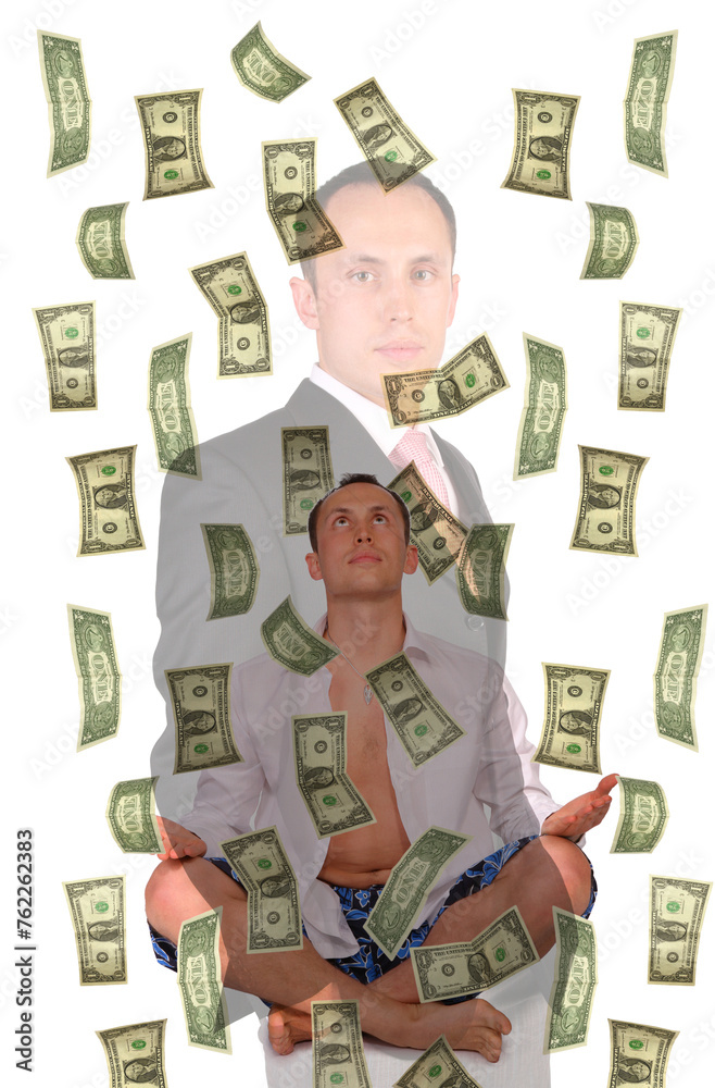 Collage with man sitting in pose of lotus, businessman and falling dollars Collage with man sitting in pose of lotus, businessman and falling dollars