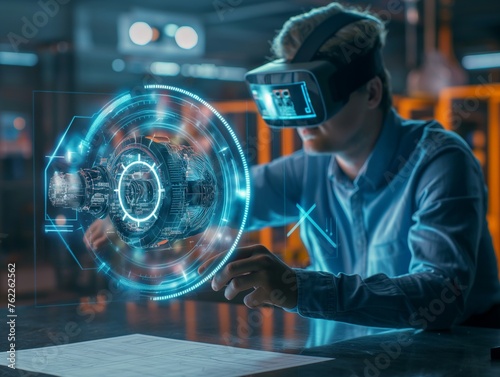 A professional examines a futuristic engine hologram using VR technology in a lab setting.