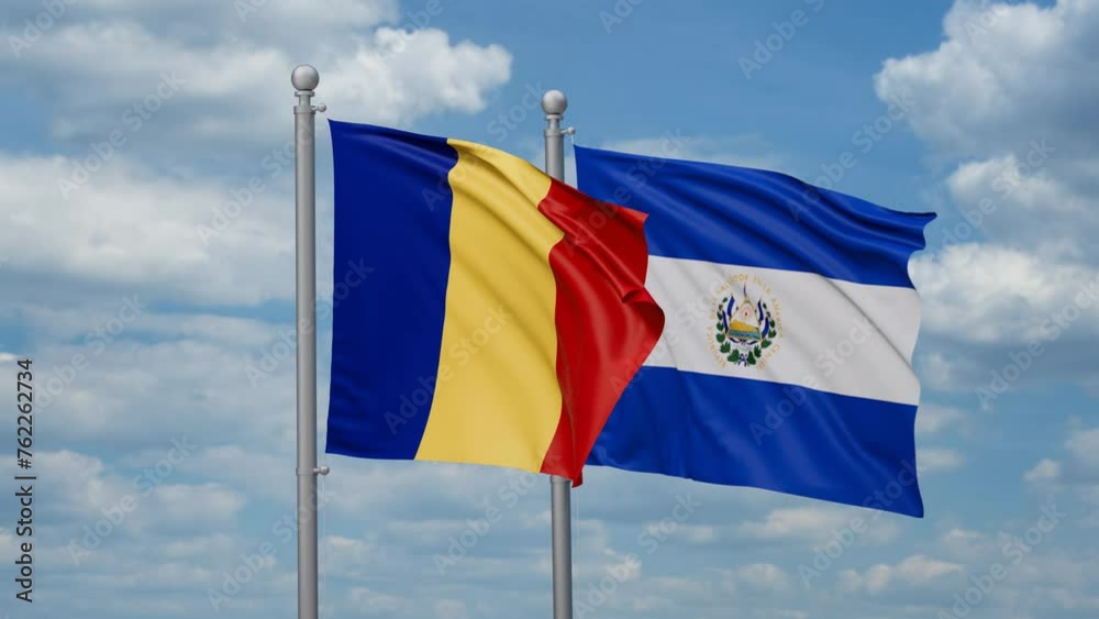 Republic of El Salvador and Romania two flags waving together, looped video, two country cooperation concept Republic of El Salvador and Romania two flags waving together, looped video, two country cooperation concept