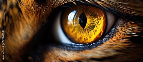 A close up of a tigers eye with yellow iris, surrounded by whiskers and sharp eyelashes. The carnivores head shows fierce determination in its gaze