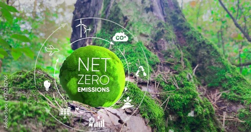 Net zero and carbon neutral concept. Green Globe with Net zero icons In Green Forest With Sunlight. Net zero greenhouse gas emissions target Climate neutral long term strategy on a green background. 4