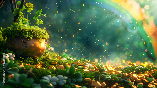 Enchanting green and gold-themed background channels the spirit of St. Patricks Day, with lush shamrocks, gleaming pots of gold, and whimsical leprechauns dancing under a rainbow