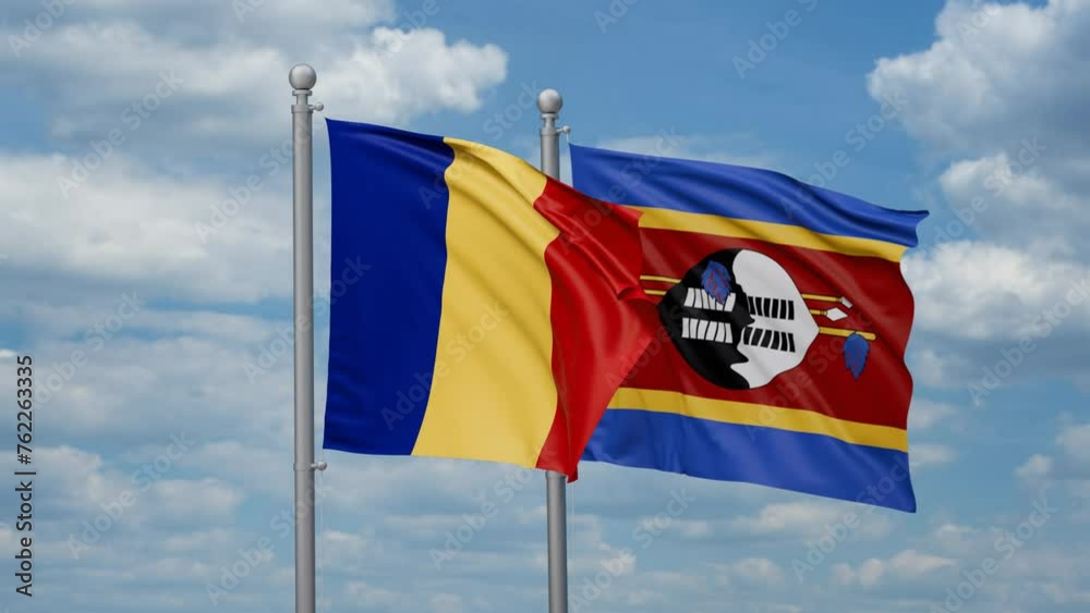 Eswatini aka Swaziland and Romania two flags waving together, looped video, two country cooperation concept Eswatini aka Swaziland and Romania two flags waving together, looped video, two country cooperation concept