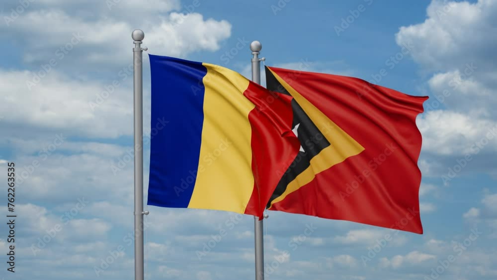 East Timor and Romania two flags waving together, looped video, two country cooperation concept East Timor and Romania two flags waving together, looped video, two country cooperation concept