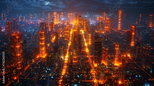 Bright Lights of a Futuristic City at Night