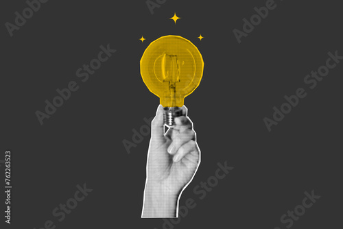 Halftone collage retro banner, cut out magazine elements. Hand holding a glowing light bulb on a dark background. Answer, idea, problem solving or business solution concept.