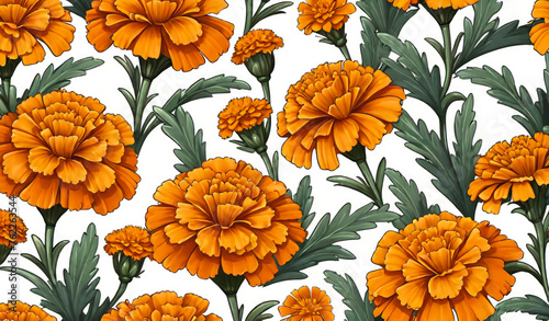 Orange yellow French marigold or Tagetes patula flowers seamless pattern.Marigolds on white background.Generative AI photo