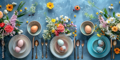 Easter table setting with spring bouquet and Easter eggs, top view. Generative AI