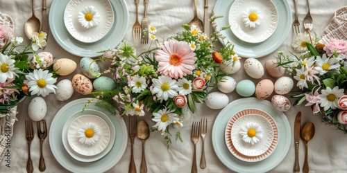 Easter table setting with spring bouquet and Easter eggs, top view. Generative AI © 22_monkeyzzz
