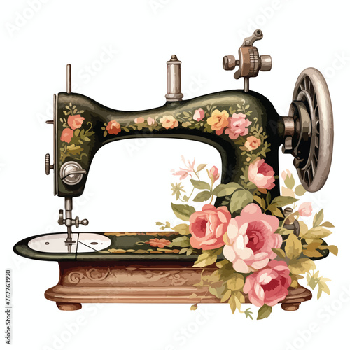 Vintage Floral Sewing Machine Clipart 