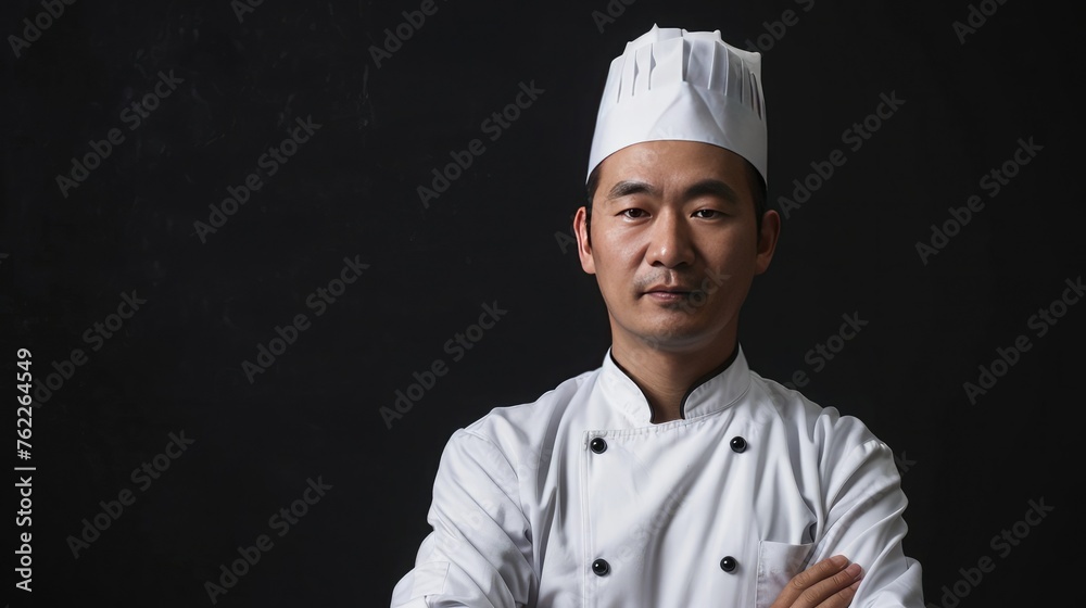 Chinese chef, white work clothes, black background Chinese chef, white work clothes, black background