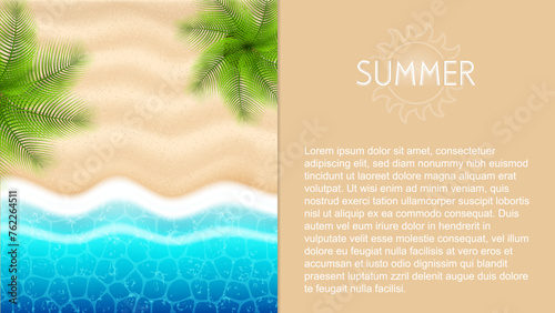 Summer poster, seaside beach with azure waves and palm trees, vector illustration