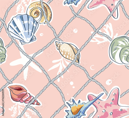 seamless pattern of colorful seashells and fish net cartoon hand drawn vector illustration