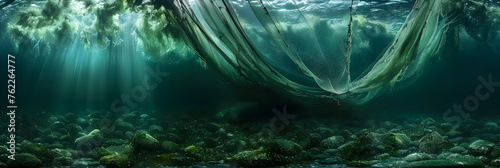 Lost fishing net over green algae-covered seaflo, A photo of a underwater view of a shipwreck 