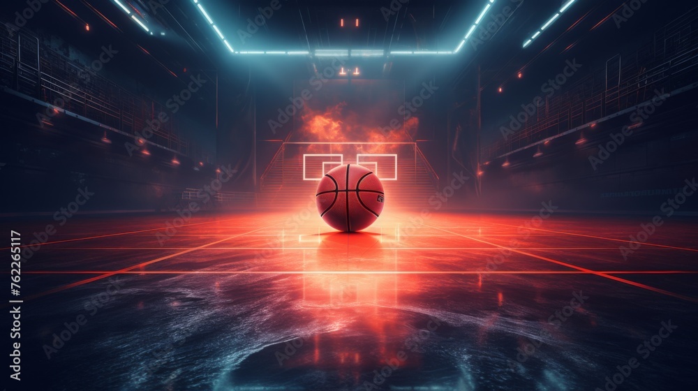 Basketball ball on the floor of an arena with lights and smoke. Basketball ball in centre of arena - obrazy, fototapety, plakaty 