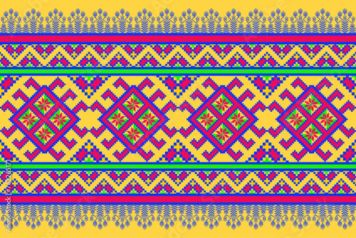Pixel art patterns folk traditional yellow background, geometric ethnic seamless pattern vector illustration Design for  Cross stitch Carpet Wallpaper Clothing Texti  Fabric Wrapping Batik Embroidery