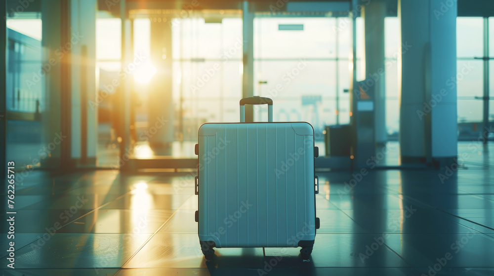 Trendy light suitcase in an empty departure airport hall. Travel concept. Light colours. Generative AI
